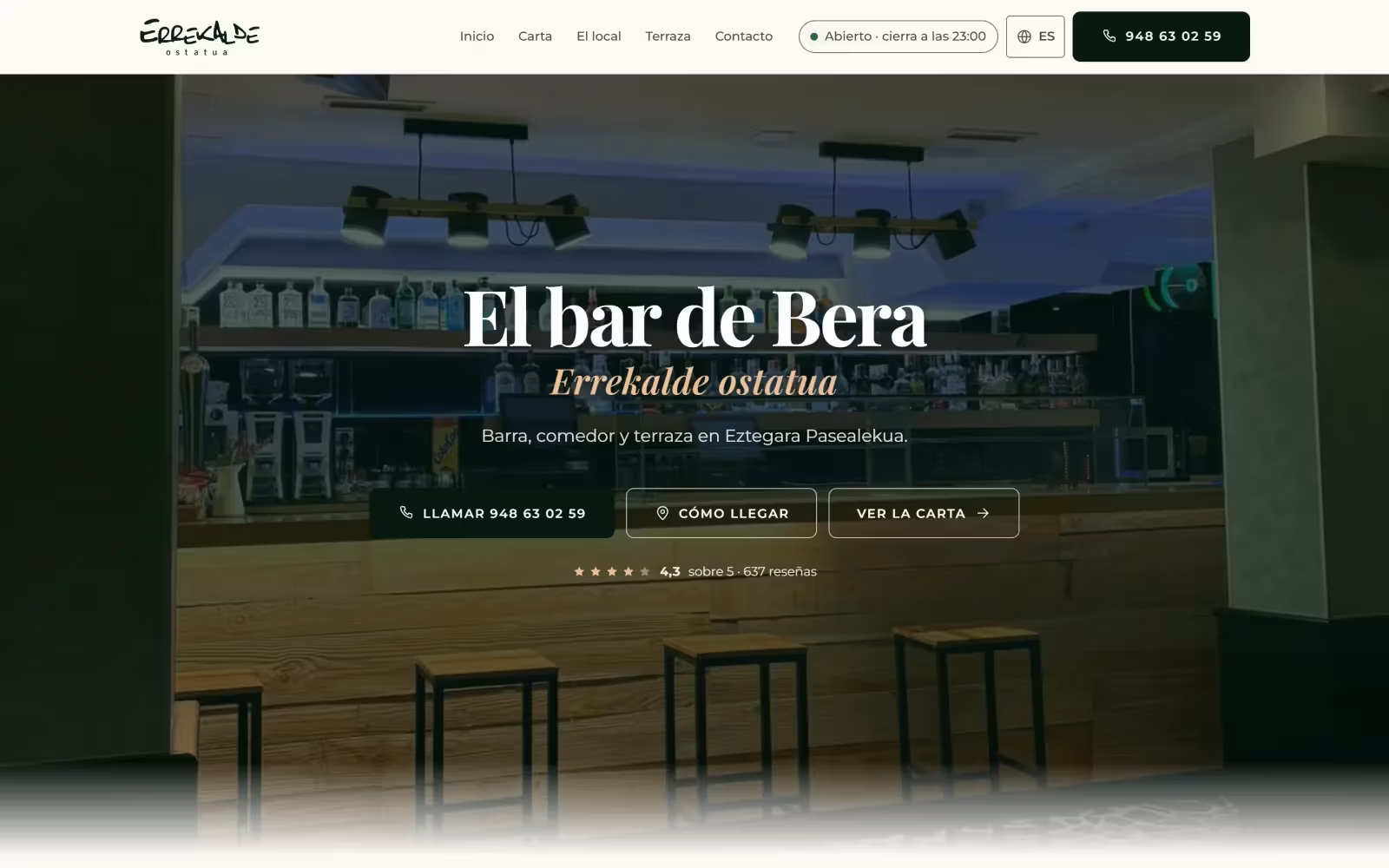 Screenshot of the Errekalde Ostatua website designed by Unax Aller